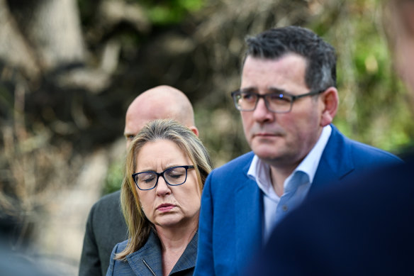 Former Premier Daniel Andrews and his then deputy premier Jacinta Allan announce the cancellation of the Commonwealth Games in July 2023. 