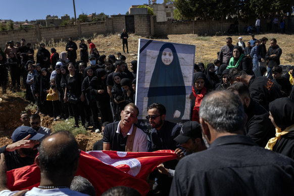 Mourners at the funeral for Fatima Abdullah, the 9-year-old girl among those killed in the pager attack, in the village of Saraain El Faouqa, Lebanon.