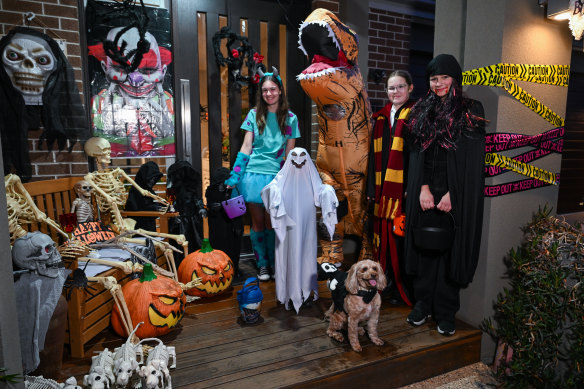 Trick or treaters in Bentleigh East. From left: Jasmine and Xavier Edmunds, Jordan, Charli and Madison Novytarger, and dog Bonnie.