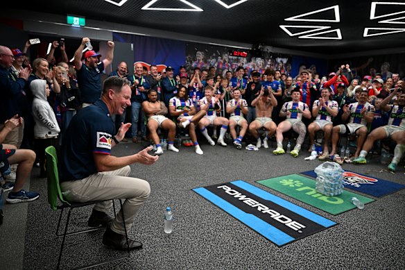 Justin Holbrook addresses the playing group after Sunday’s preliminary final win put them into their first grand final in 25 years.