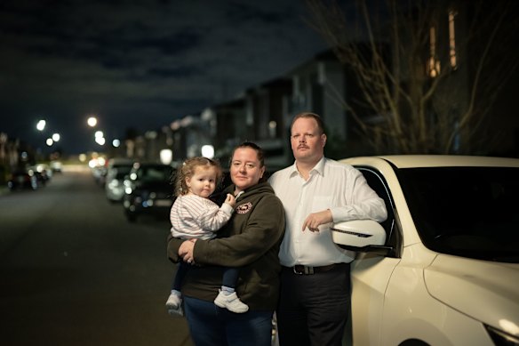 Josh and Courtney Blake, with daughter Mackenzie at home in Schofields, depend on the $60 a week toll cap to manage their budget.
