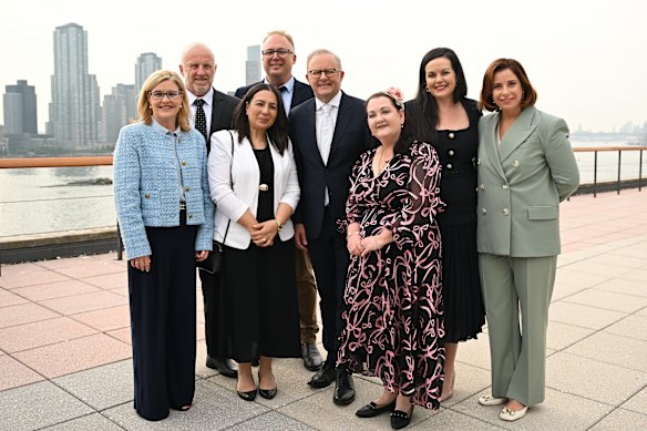 Communications Minister Anika Wells (right) and Courier Mail editor Melanie Pilling (second from the right) with Prime Minister Anthony Albanese and others in New York in September.