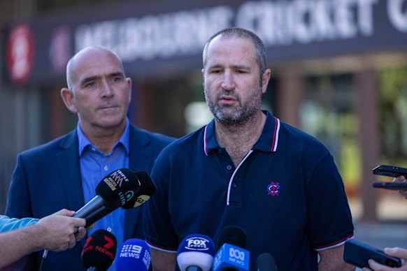 MCG curator Matthew Page fronts the media on Sunday with his boss, MCC CEO Stuart Fox.