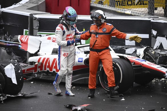 Mick Schumacher walks away unscathed after his Monaco Grand Prix crash.