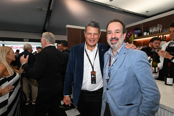 Former premier Steve Bracks (left) and grand prix chair Martin Pakula on Sunday.