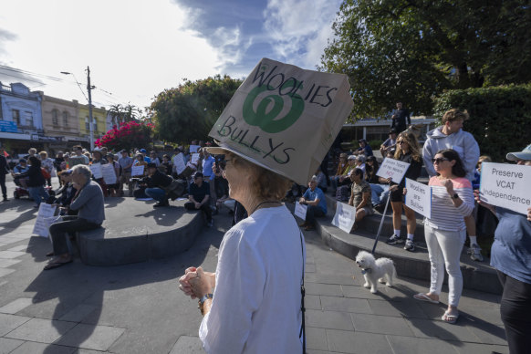 One of the protesters rallying against Woolworths’ revised development proposal on the site of the former ABC studios in Elsternwick.