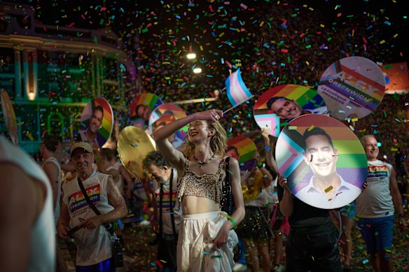 Openly gay NSW MP Alex Greenwich joined Sydney Lord Mayor Clover Moore in a blue convertible tonight. Here are some of his supporters.