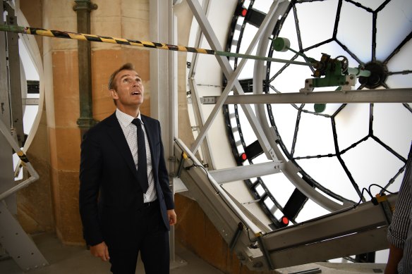 Infrastructure and Cities Minister Rob Stokes at the top of Central Station’s clock tower.