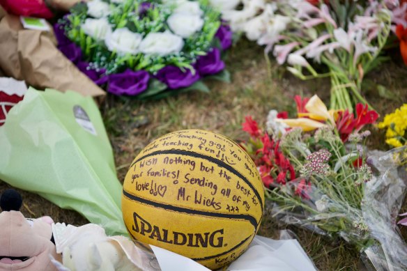 A basketball left outside the Devonport primary school affected by the tragedy.