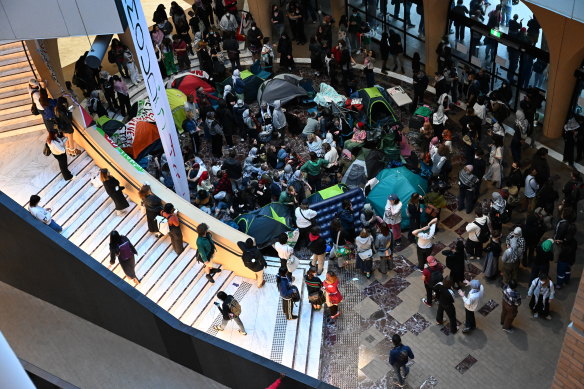 Student protesters at Melbourne University on Wednesday afternoon.