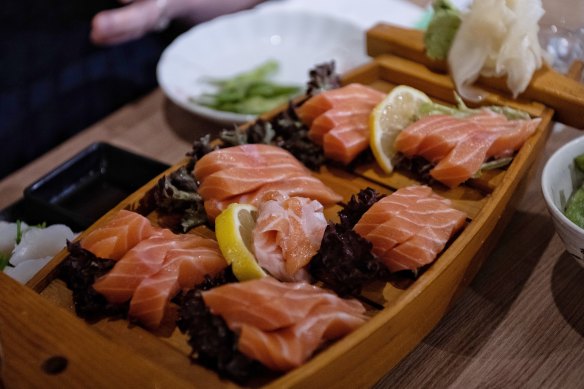 The salmon sashimi at the Perrottets' date night favourite.