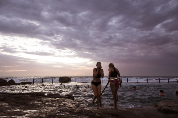 Swimmers take a dip in Mahon Pool, Maroubra, before hot weather.