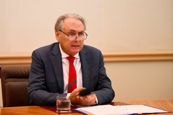 Australian Trade Minister Don Farrell during a teleconference with China’s Minister of Commerce, Wang Wentao, this week.