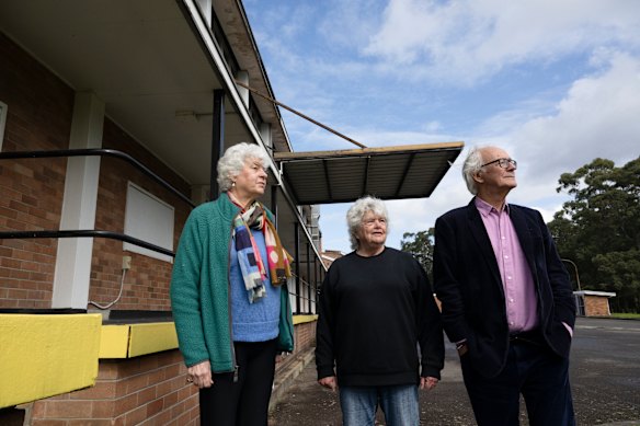 Locals Cynthia Nadai, Bronwen Campbell and Hall Greenland with one of several old buildings in Callan Park that will be demolished.