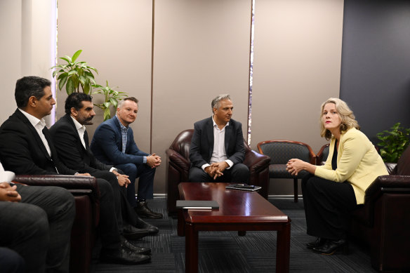 Home Affairs Minister Clare O’Neil is joined by Chris Bowen as she meets with Liverpool Mayor Ned Mannoun, Fairfield Mayor Frank Carbone and Campbelltown Mayor George Greiss in Fairfield on Wednesday.