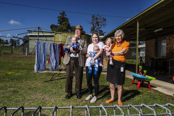 Dr Lizzie Gordon (centre) at her home in Warialda with her fellow GP parents Clem Gordon and Di Coote, and her daughters.