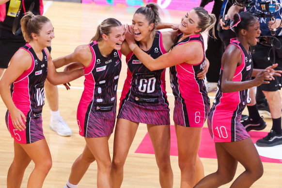 The Adelaide Thunderbirds after beating the Swifts to book their spot in the team’s first Super Netball grand final. 
