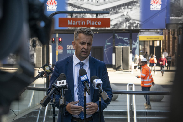 Minister for Transport and Roads Andrew Constance makes an announcement on public transport fares in Martin Place on Wednesday. 