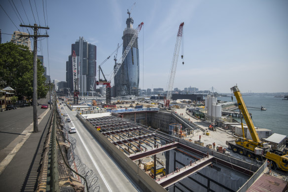 The tunnel boring machine has been barged back to Barangaroo, where an underground station is being built.