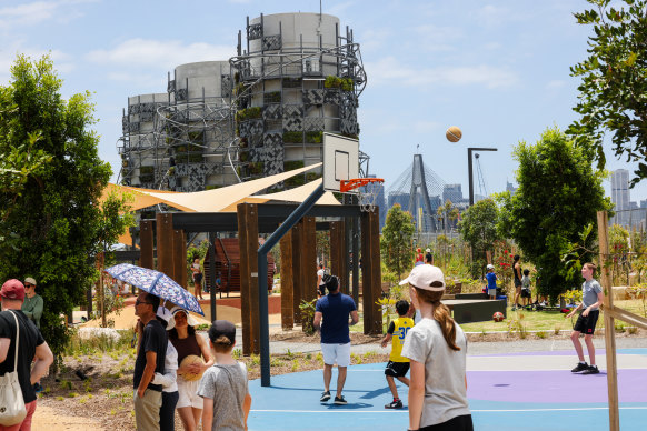Basketball hoops and playgrounds at the new parkland proved popular on Sunday.