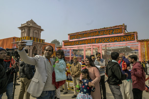 The front gate of the Ram temple in Ayodhya, India, on Monday. The temple inaugurated by Prime Minster Narendra Modi is on the disputed site of a centuries-old mosque destroyed in a Hindu mob attack that set a precedent of impunity against Muslims. 