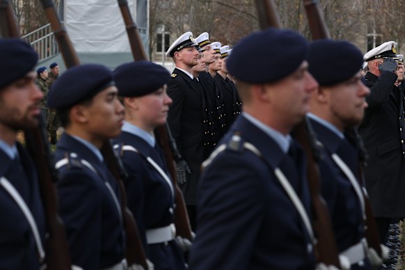Members of the Bundeswehr, Germany’s armed forces, arrive to attend an event to celebrate the 70th anniversary of the Bundeswehr at which 280 new recruits took their oath of service on November 12.
