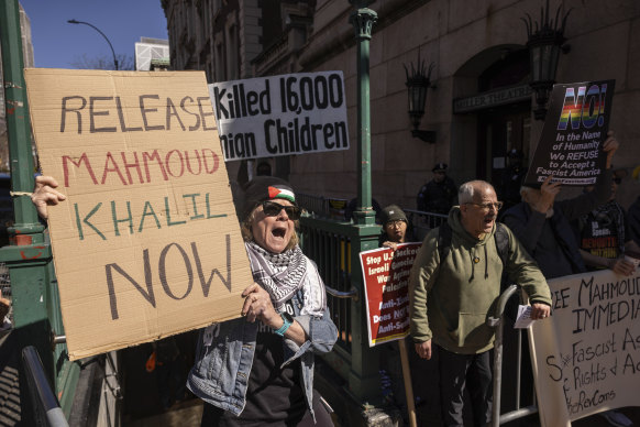 Protesters marched outside Columbia University on Monday demanding the release of Mahmoud Khalil.