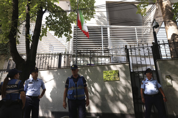 Police on guard at the Iranian embassy in Tirana in September 2022 after a cyberattack the government blamed on Iran. 