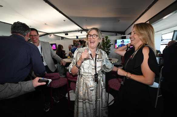 HWT chair Penny Fowler at the grand prix with incoming Myer executive chair Olivia Wirth.