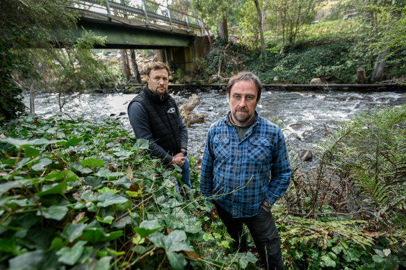 Matthew Burns and lawyer Bruce Lindsay on the bank of the Rubicon River.