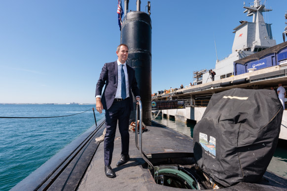 Treasurer Jim Chalmers aboard the USS Asheville, a Los Angeles-class nuclear-powered fast attack submarine, at HMAS Stirling in Western Australia this week.