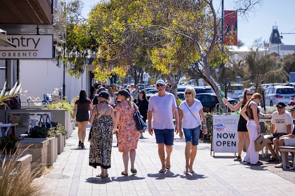 Shoppers on Ocean Beach Road, Sorrento’s main street. 