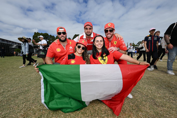 Ferrari fans Adrian Puopolo, Alex Di Tella, Matthew Fava, Danni Campagna and Josie Mazzeo were among Saturday’s record crowd at the Australian Grand Prix.