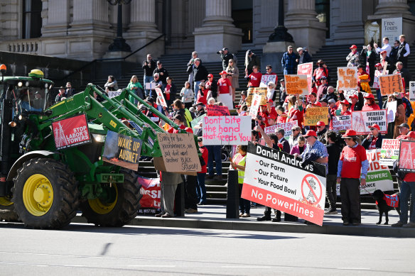 Farmers from the Victoria’s Western District rally on the steps of the state parliament, protesting against transmission lines being built on their properties. 