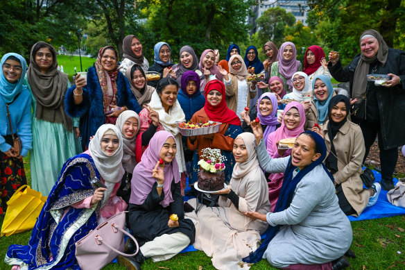 Breakfast after Eid al-Fitr prayers at Flagstaff Gardens on Saturday morning.