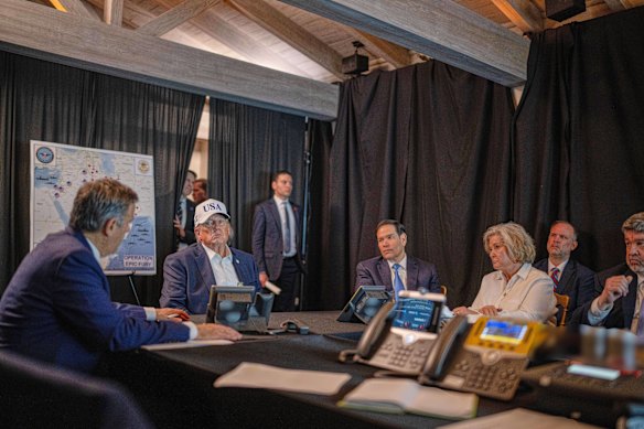 A photo provided by the White House shows Trump with CIA director John Ratcliffe (left), Secretary of State Marco Rubio and White House chief of staff Susie Wiles at Mar-a-Lago on Saturday as Operation Epic Fury began.