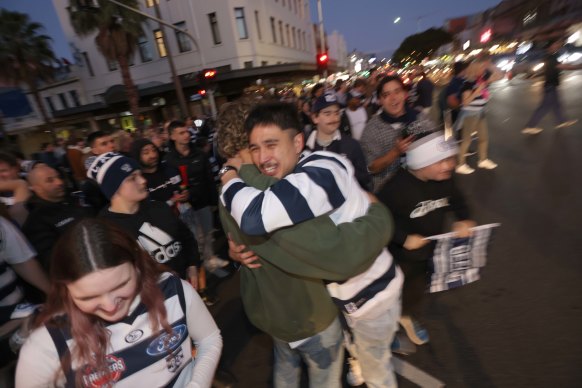 Fans celebrate on the streets of Geelong.