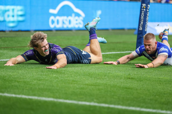 Ryan Papenhuyzen slides in against Canterbury.