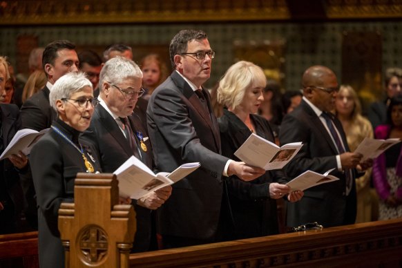 Governor of Victoria Linda Dessau, her husband Anthony Howard, Premier Daniel Andrews and his wife Catherine at the service.