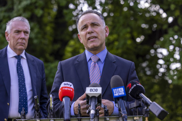 Nationals leader Peter Walsh looks on during Opposition Leader John Pesutto’s press conference in response to Andrews’ resignation.