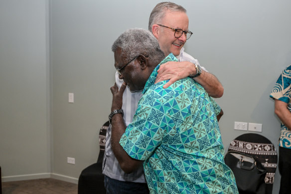 Solomon Islands Prime Minister Manasseh Sogavare embraced Australian counterpart Anthony Albanese with a hug when they met in Fiji.