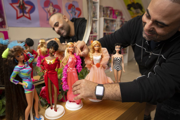 Fady Abdelmessih at his Superstar Dolls Sydney store in Bexley, with several iconic Barbies.