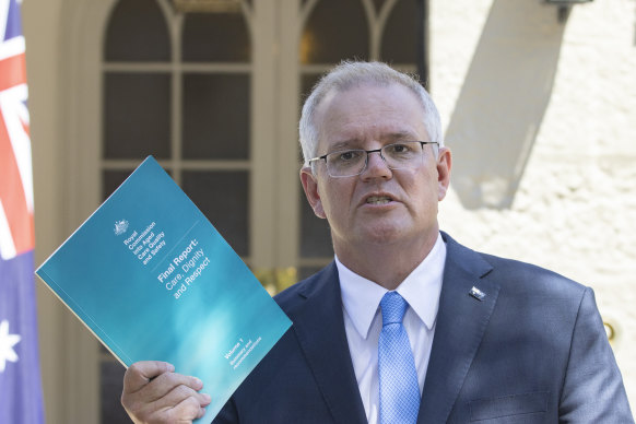 Prime Minister Scott Morrison releasing the royal commission into aged care report.