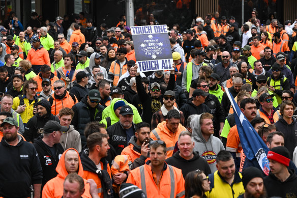 The protest was a sea of workers in high-vis and black CFMEU hoodies.