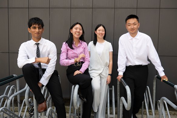From left: Baulkham Hills High School graduate Rahul Desai and James Ruse Agricultural High School graduate Selina Ma, who tied first in mathematics extension 1, with SCEGGS Darlinghurst year 9 student Anna Luo, who came first in advanced mathematics, and James Ruse graduate Terry Chen, who topped mathematics extension 2.