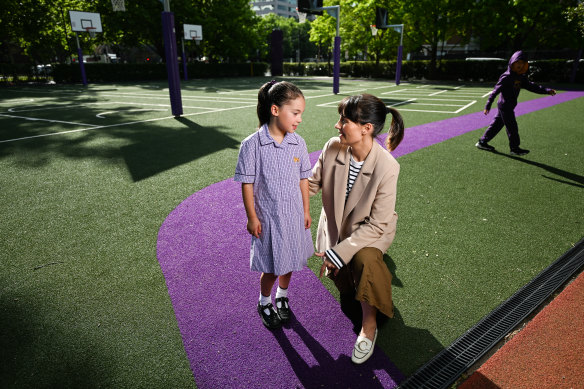 Kate Evans with her six-year-old daughter Riley, who attends Wesley College.