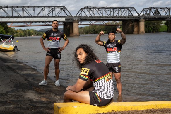 Stephen Crichton, Jarome Luai and Brian To’o pose in Penrith heartland, the Nepean River.