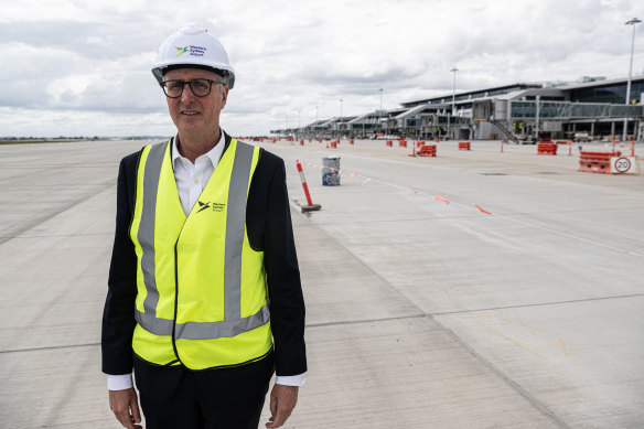 Western Sydney Airport chief executive Simon Hickey on the tarmac in front of the new terminal.