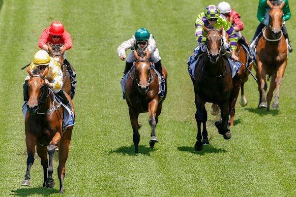 Rachel King steers Queen Of The Ball (yellow silks) to victory in the Widden Stakes.