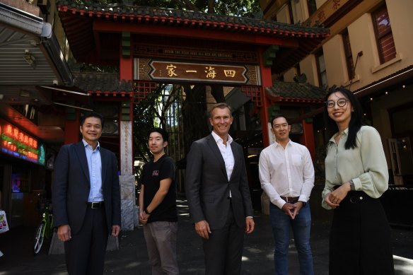 Haymarket Chamber of Commerce president Vincent Lim, Soul of Chinatown’s Kevin Cheng, Cities Minister Rob Stokes and Brad Chan and Isabelle Lee from Haymarket HQ.